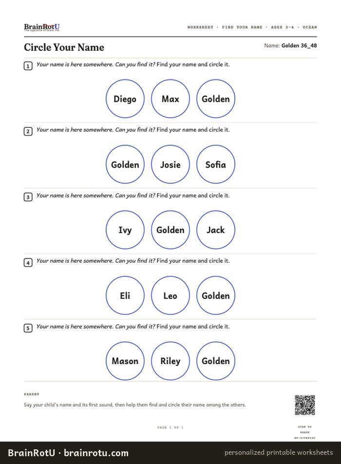 Ocean Name Recognition — Trace Your Name (3–4)