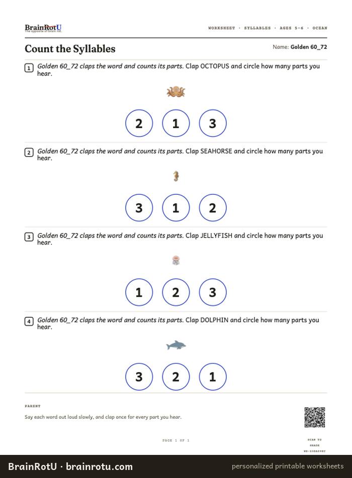 Ocean Syllables — Count the Syllables (5–6)