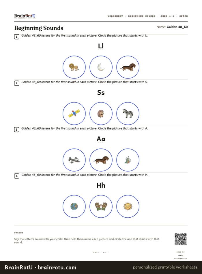 Space Beginning Sounds — Circle the Match (4–5)