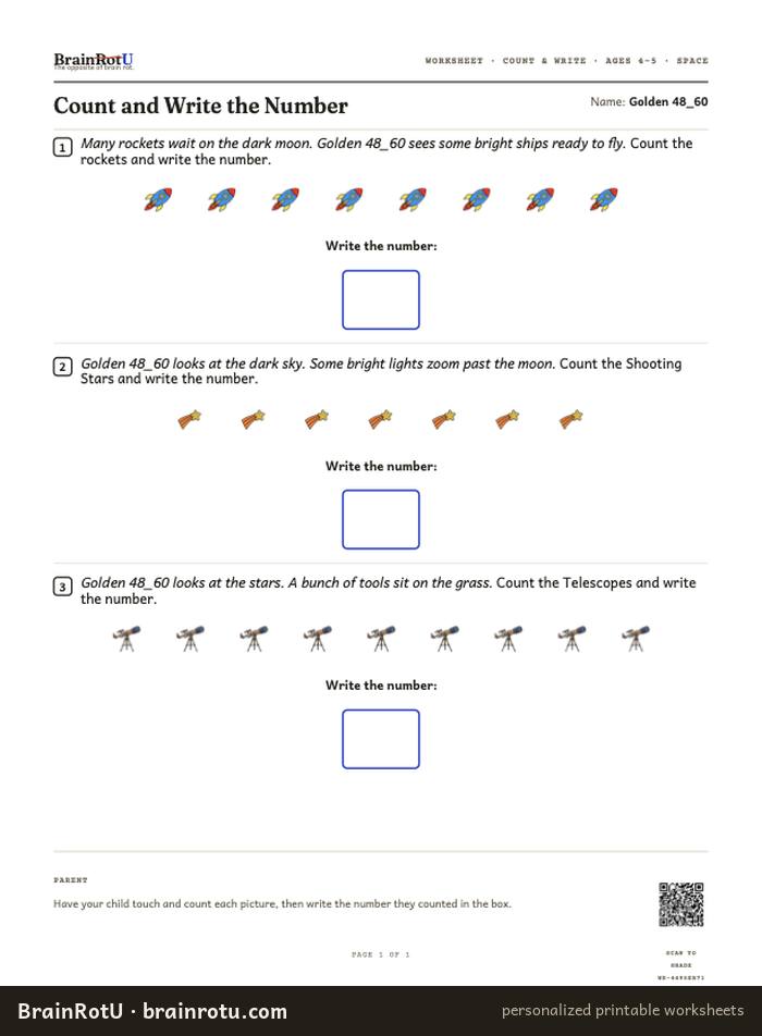 Space Count and Write — Count the Satellites (4–5)